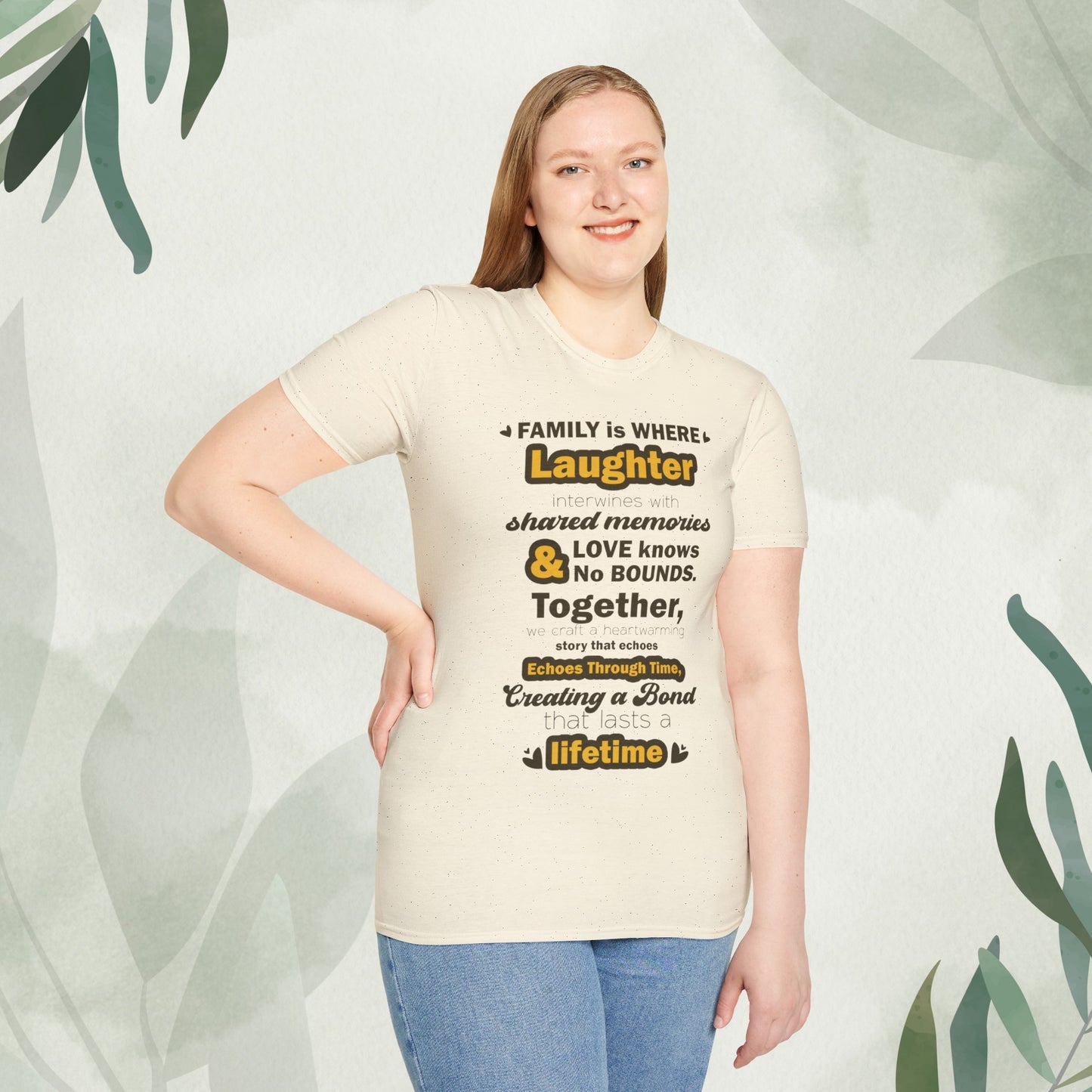 "Discover the Crafting Lasting Family Bonds With Unisex Softstyle T-Shirt in various color options and sizes, featuring typography designs that beautifully convey the unique bond and understanding shared among family members."