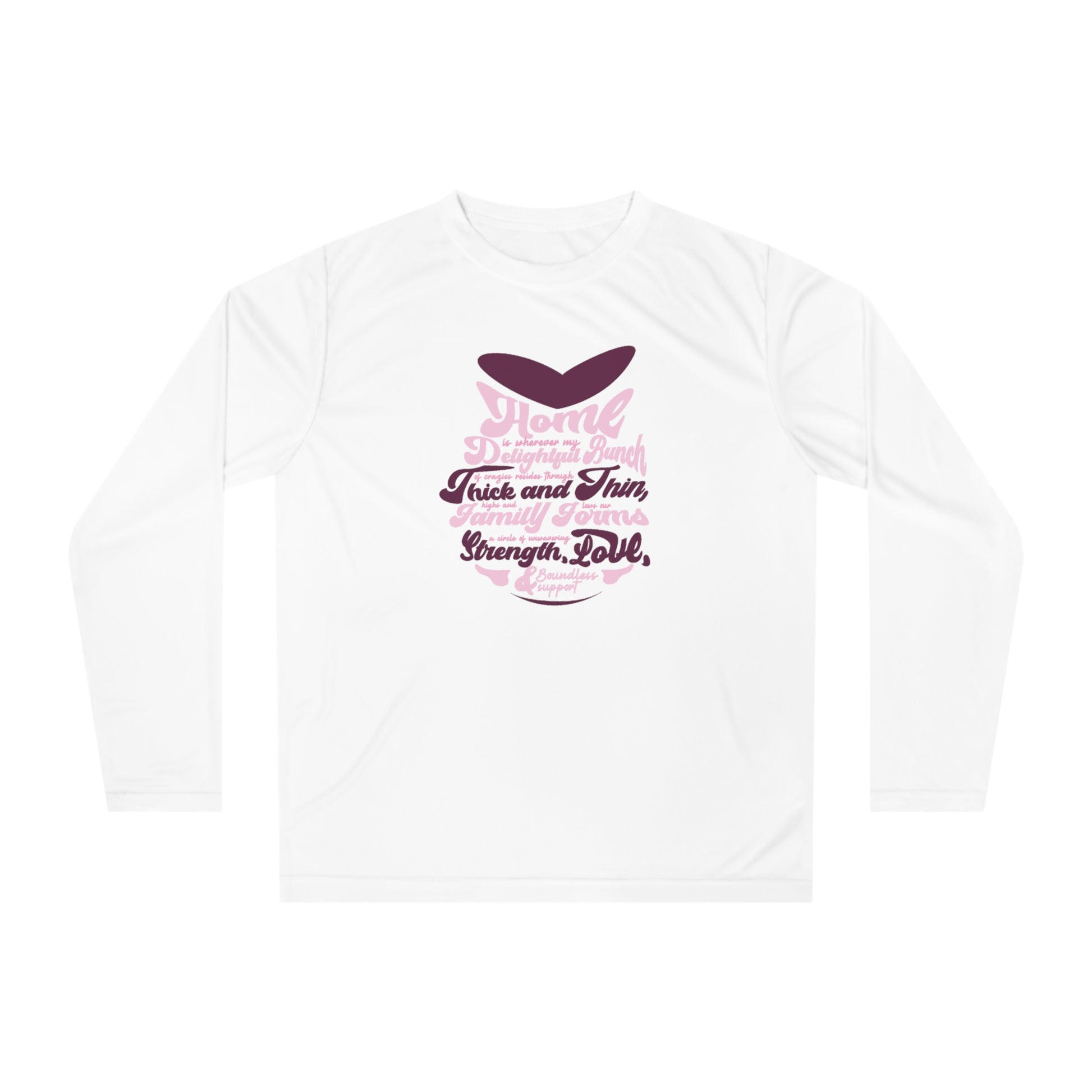 "Multiple mockups showcasing the Unleash Your Strength - Unisex Performance Long Sleeve Shirt in various sizes and colors, each featuring a unique typography design reflecting the essence of family bonding."