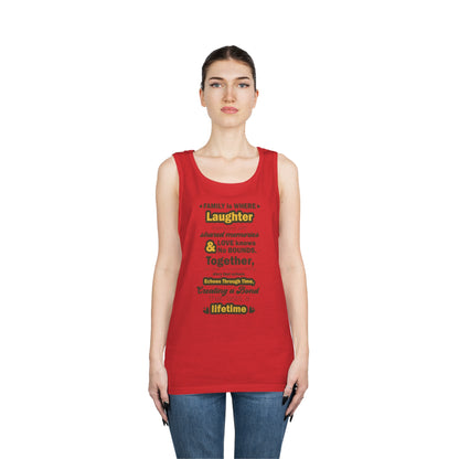 Red female front View of the Eternal Bond - Unisex Heavy Cotton Tank Top featuring a typography design inspired by the quote: 'Family is where laughter intertwines with shared memories, and love knows no bounds. Together, we craft a heartwarming story tha