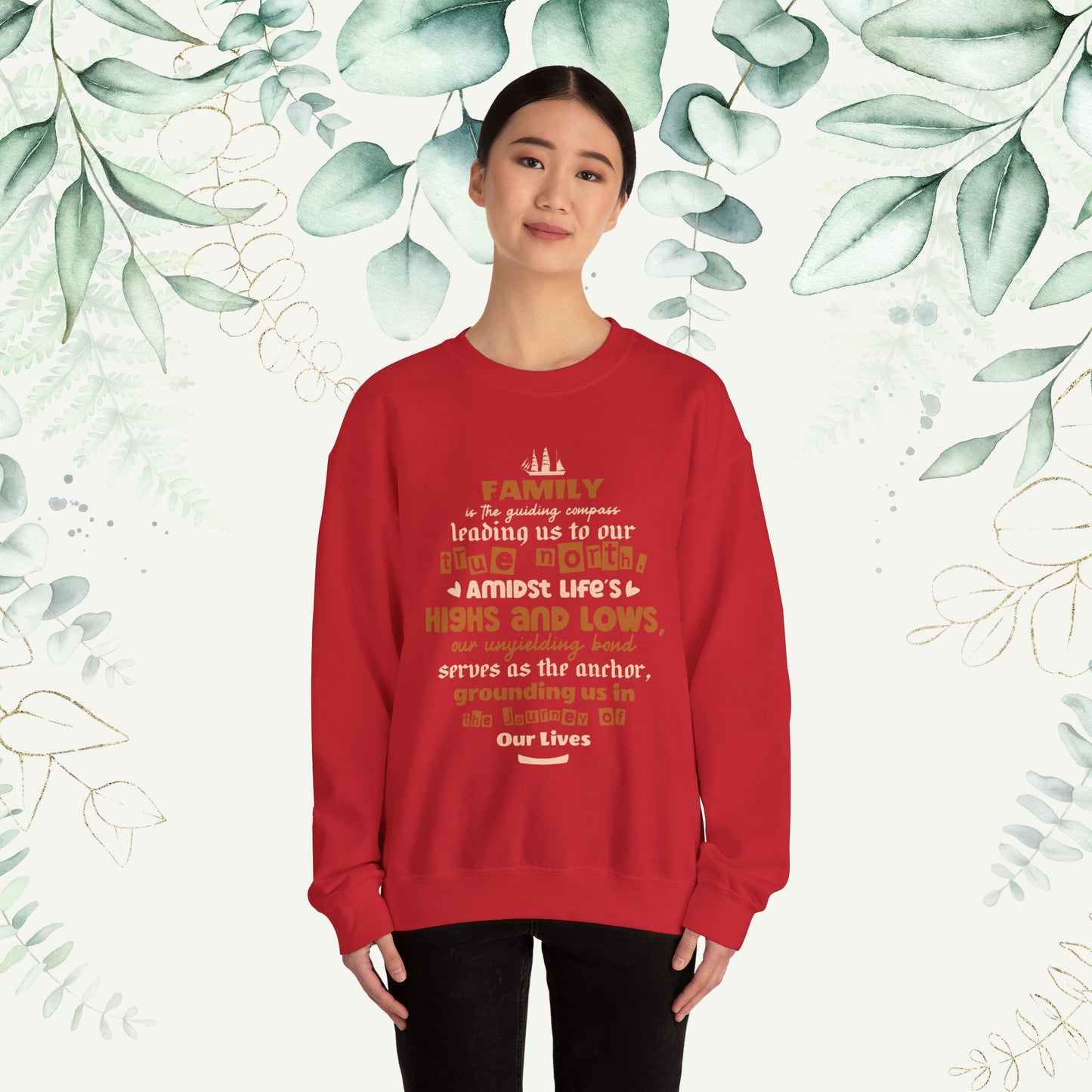 "Witness the Guided by Family - Unisex Heavy Blend™ Crewneck Sweatshirt in a myriad of colors and sizes, each adorned with a typography design reflecting the enduring strength and unity found in family connections."