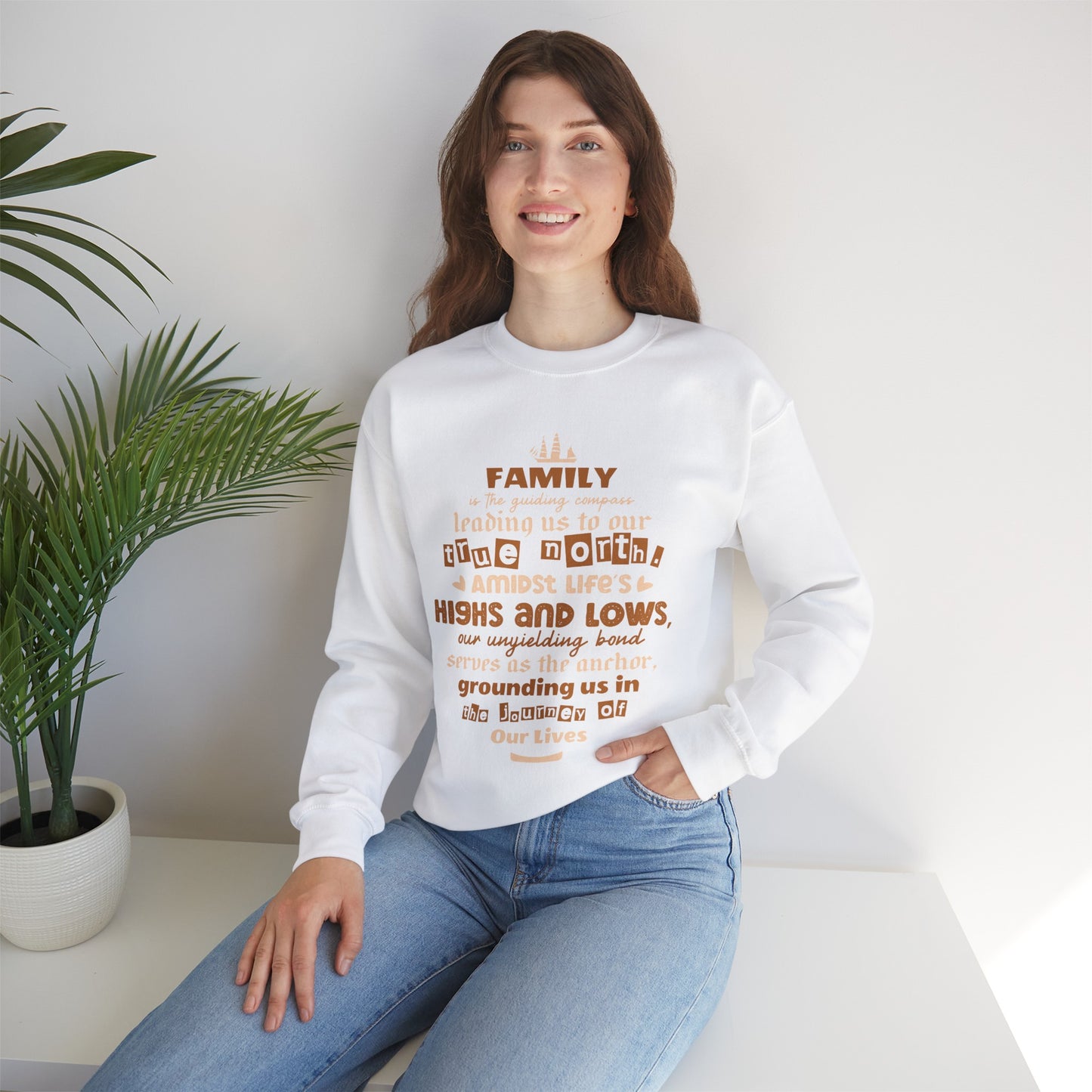 "Witness the Guided by Family - Unisex Heavy Blend™ Crewneck Sweatshirt in a myriad of colors and sizes, each adorned with a typography design reflecting the enduring strength and unity found in family connections."