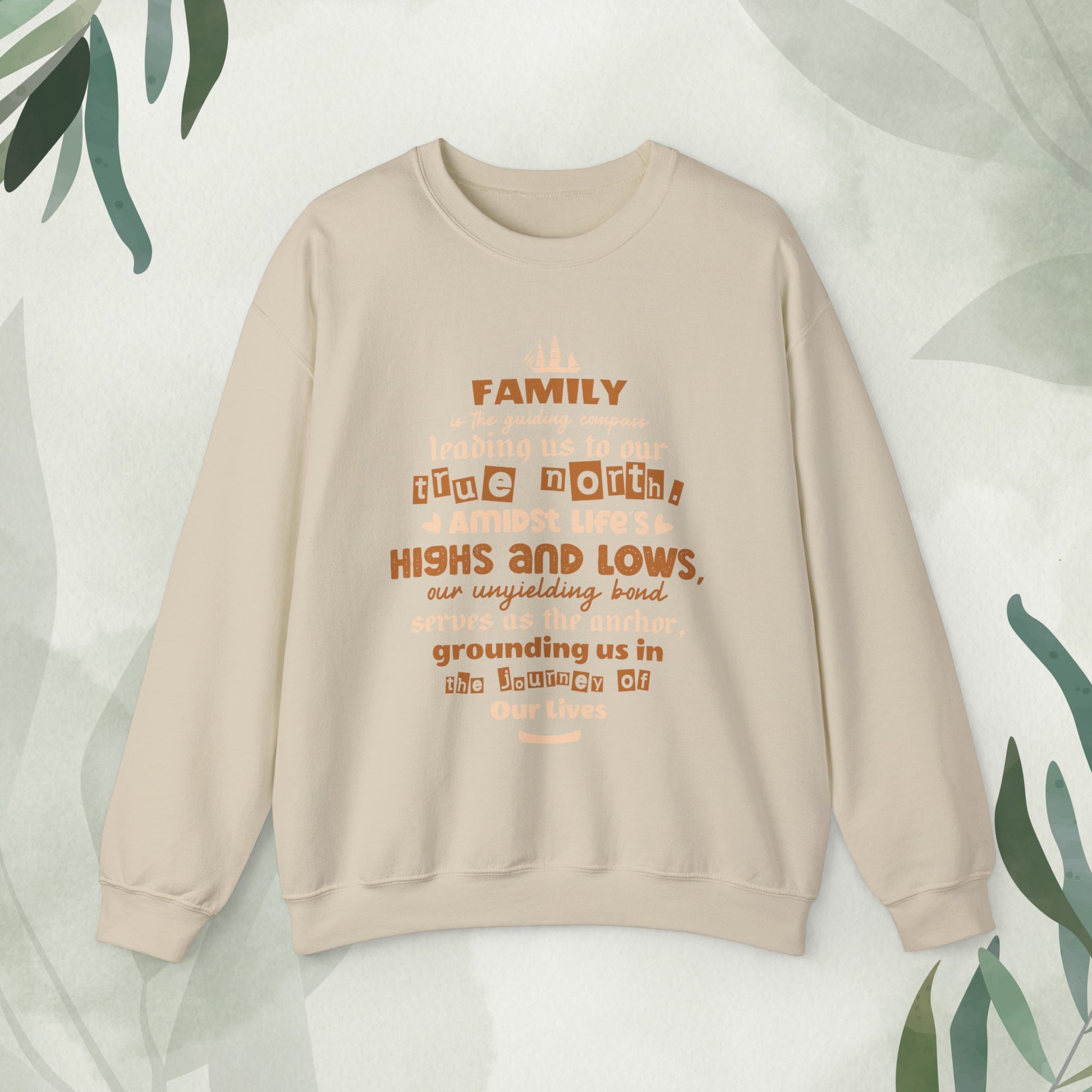 "Witness the Guided by Family - Unisex Heavy Blend™ Crewneck Sweatshirt in a myriad of colors and sizes, each adorned with a typography design reflecting the enduring strength and unity found in family connections."