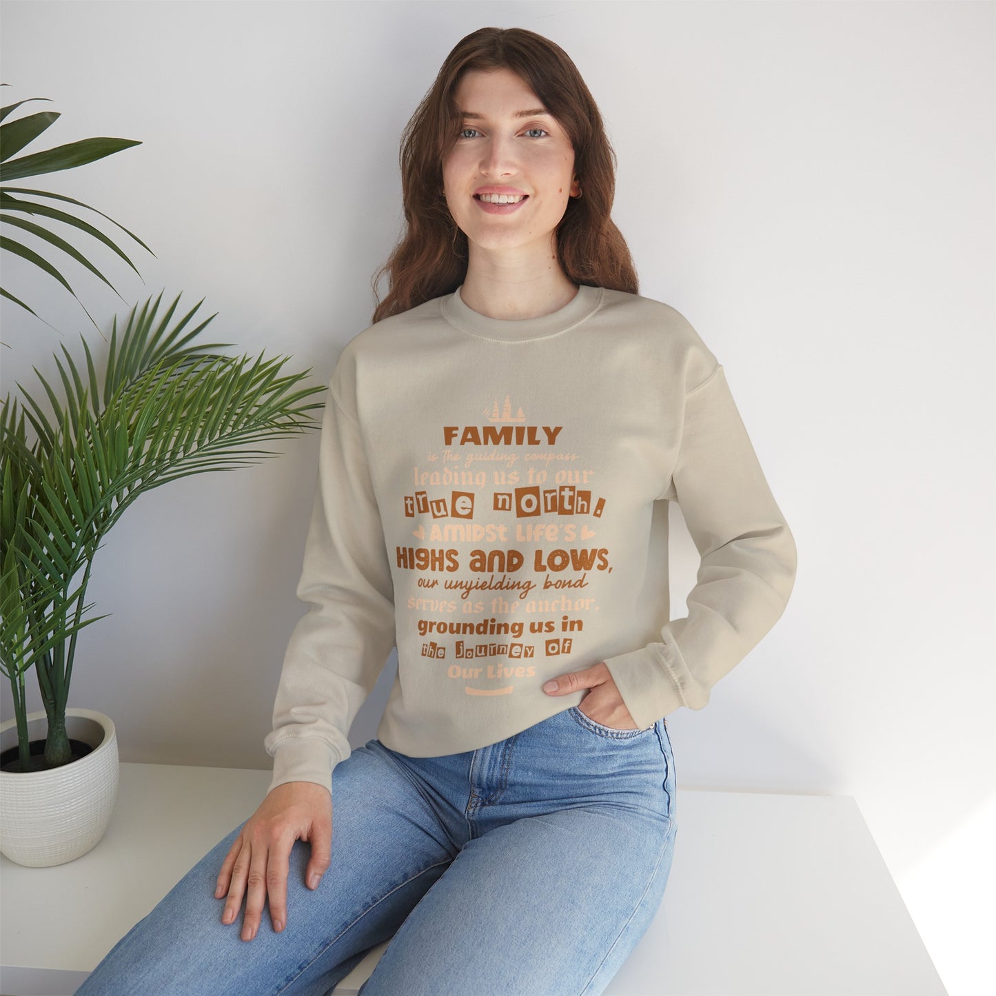 "Witness the Guided by Family - Unisex Heavy Blend™ Crewneck Sweatshirt in a myriad of colors and sizes, each adorned with a typography design reflecting the enduring strength and unity found in family connections."