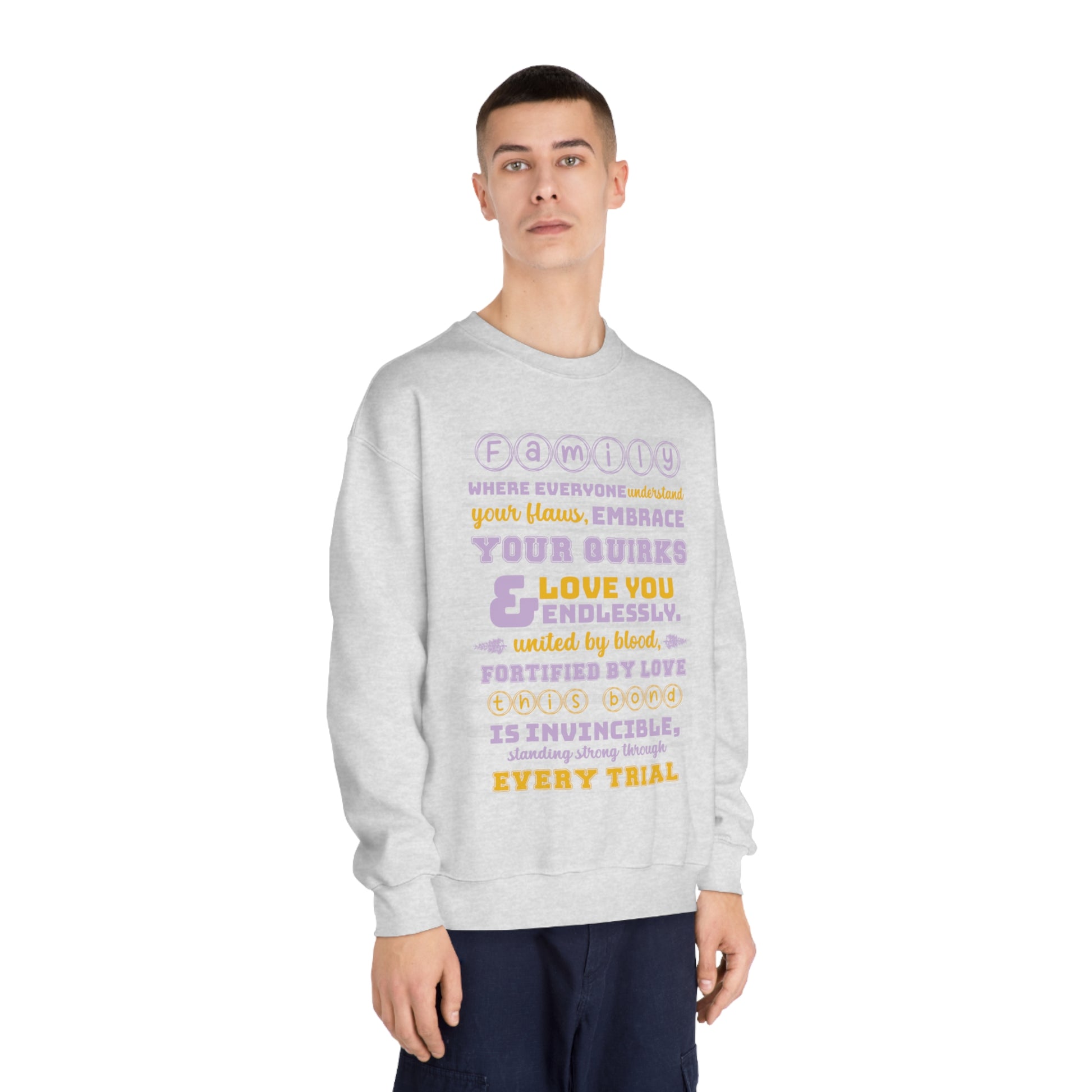 Different Sizes And Typography Design Based On The Quote Related To Family Bonding View of Product Embrace the Bond - Unisex DryBlend® Crewneck Sweatshirt In White Color