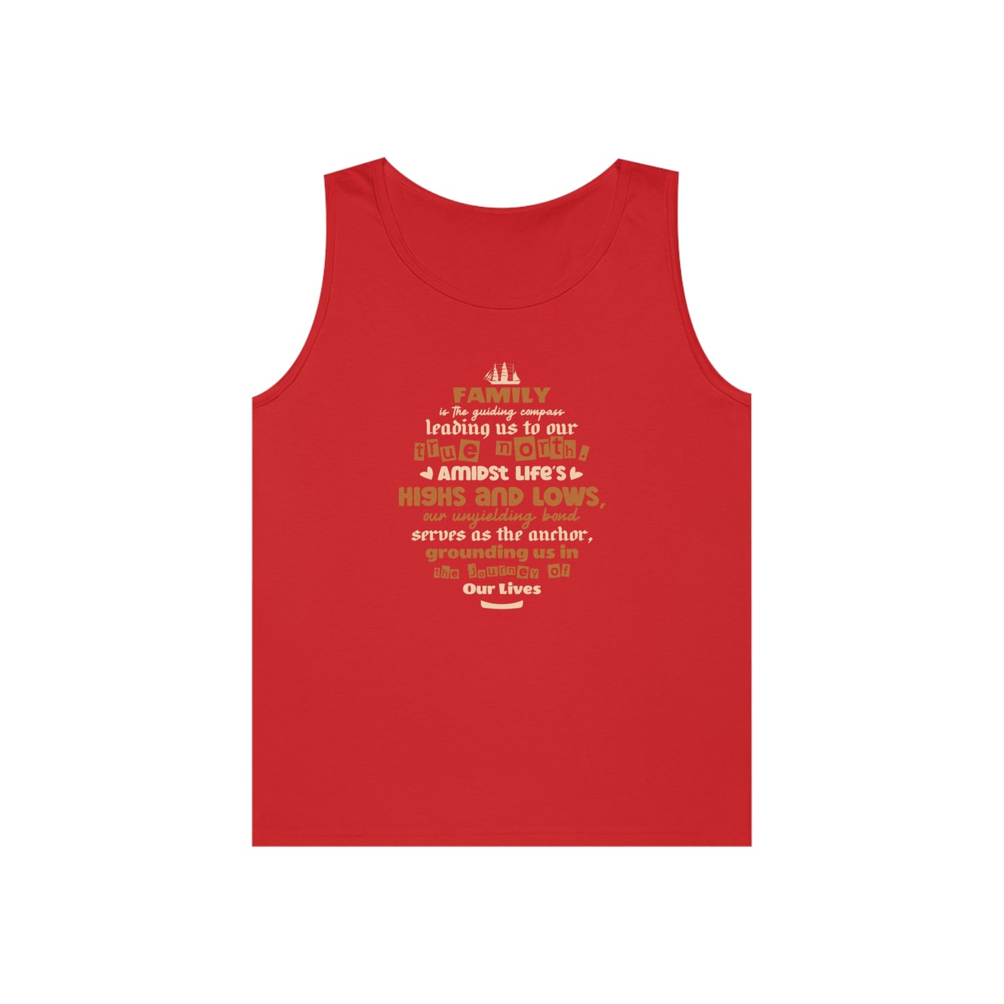 Front view mockup of red tank top featuring typography design: "Family is the guiding compass leading us to our true north."