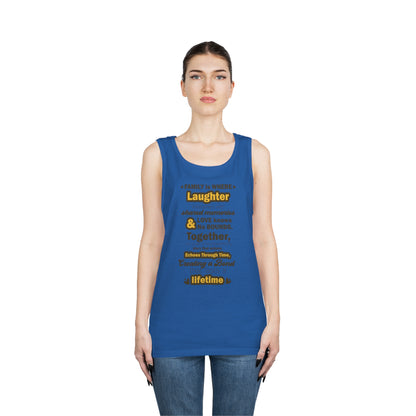 Royal Blue female front View of the Eternal Bond - Unisex Heavy Cotton Tank Top featuring a typography design inspired by the quote: 'Family is where laughter intertwines with shared memories, and love knows no bounds. Together, we craft a heartwarming st