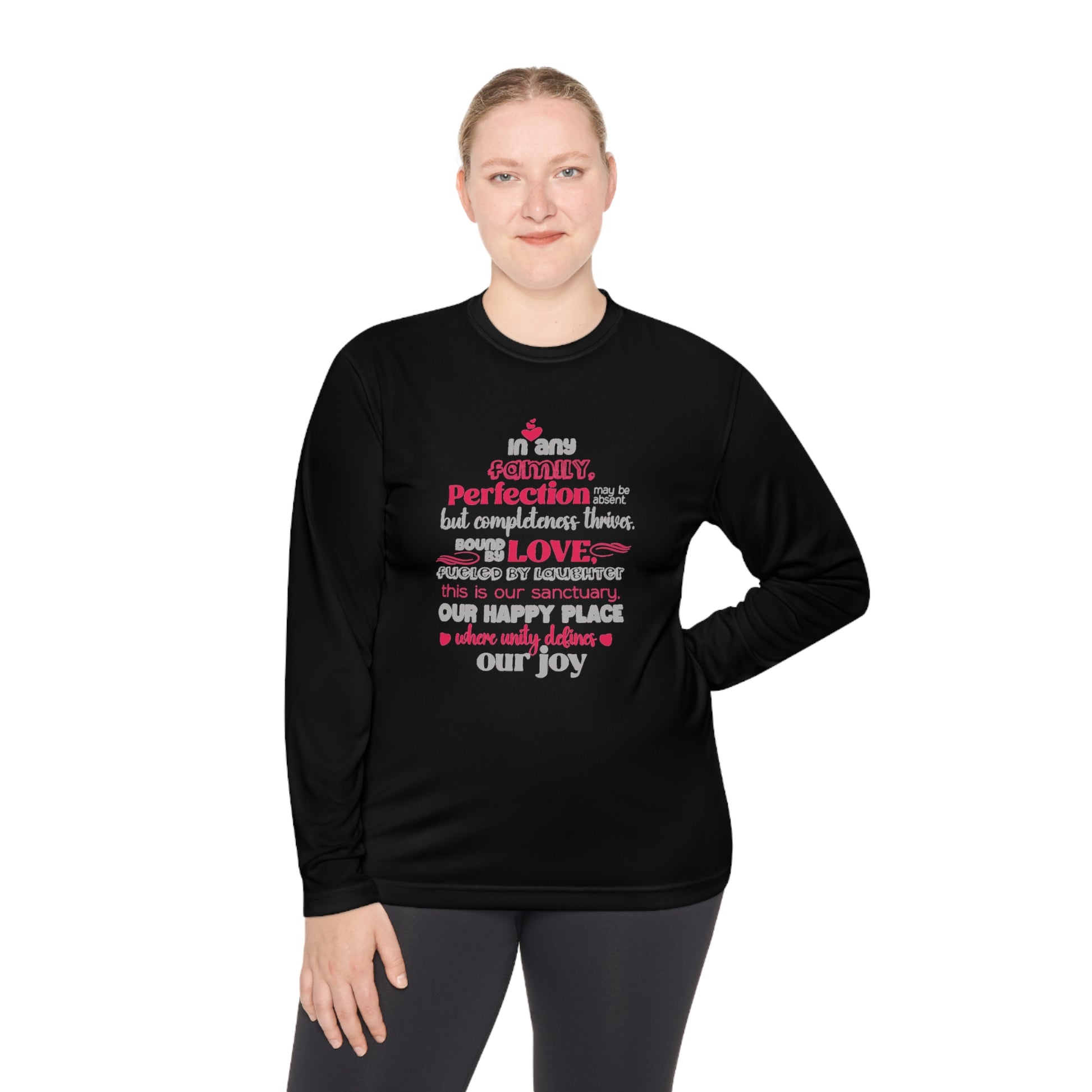 Explore the versatility of the Completeness Defined With Unisex Lightweight Long Sleeve Tee with mockups showcasing a range of vibrant colors and sizes, paired with typography designs inspired by the profound love within families.