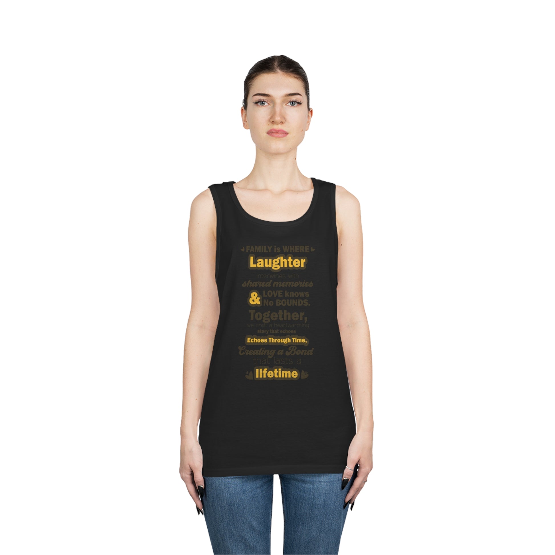 Black female front View of the Eternal Bond - Unisex Heavy Cotton Tank Top featuring a typography design inspired by the quote: 'Family is where laughter intertwines with shared memories, and love knows no bounds. Together, we craft a heartwarming story t