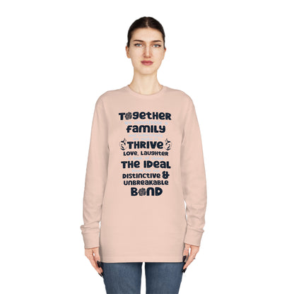 "Explore the versatility of the Thrive Together - Unisex Long Sleeve Crewneck Tee with mockups depicting different colors and sizes, all featuring a heartfelt typography design celebrating the strength of familial love."