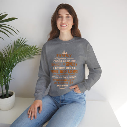 "Witness the Guided by Family - Unisex Heavy Blend™ Crewneck Sweatshirt in a myriad of colors and sizes, each adorned with a typography design reflecting the enduring strength and unity found in family connections."