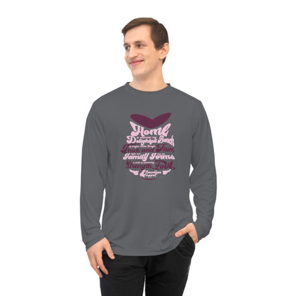 "Multiple mockups showcasing the Unleash Your Strength - Unisex Performance Long Sleeve Shirt in various sizes and colors, each featuring a unique typography design reflecting the essence of family bonding."