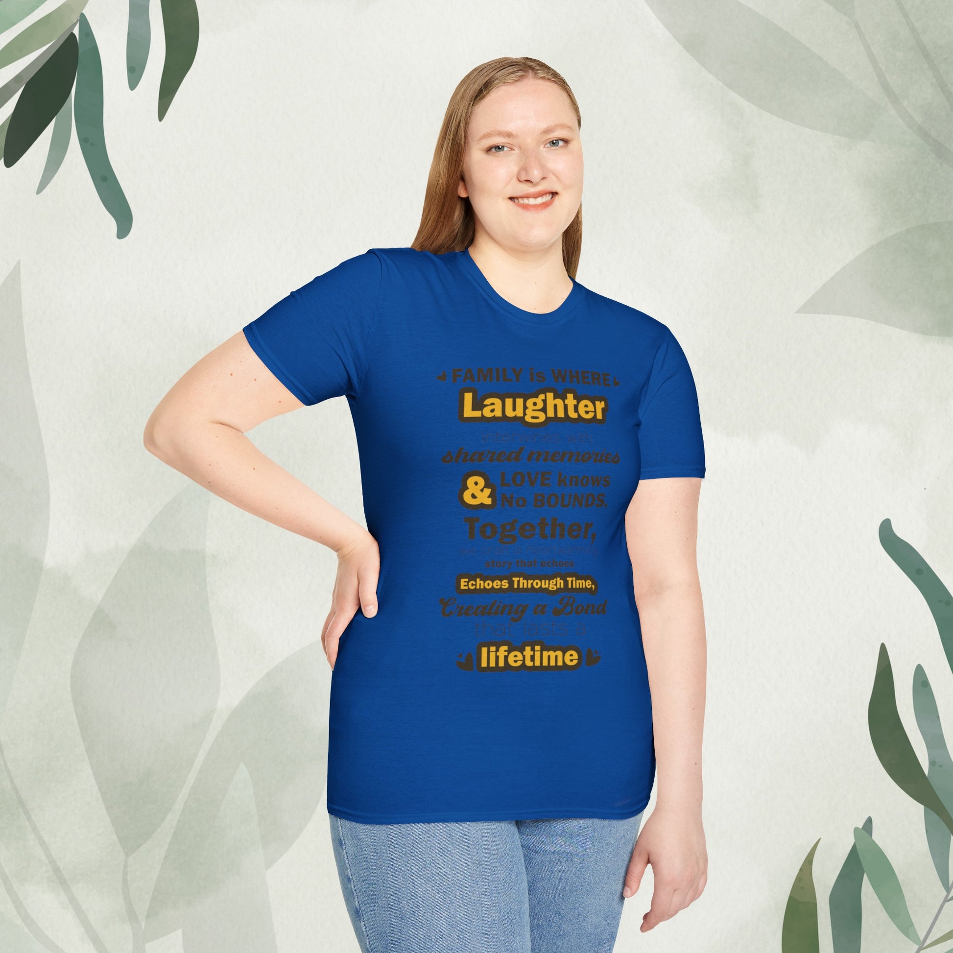 "Discover the Crafting Lasting Family Bonds With Unisex Softstyle T-Shirt in various color options and sizes, featuring typography designs that beautifully convey the unique bond and understanding shared among family members."