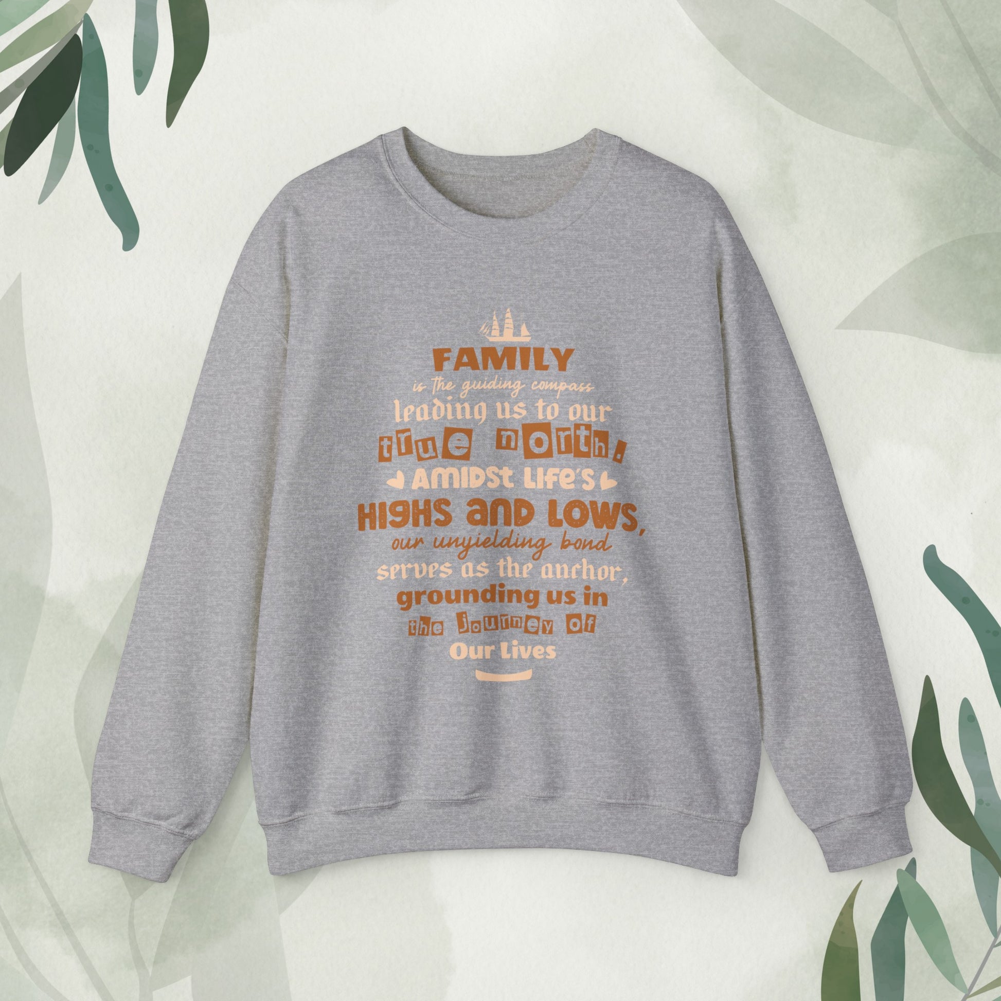 "Witness the Guided by Family - Unisex Heavy Blend™ Crewneck Sweatshirt in a myriad of colors and sizes, each adorned with a typography design reflecting the enduring strength and unity found in family connections."