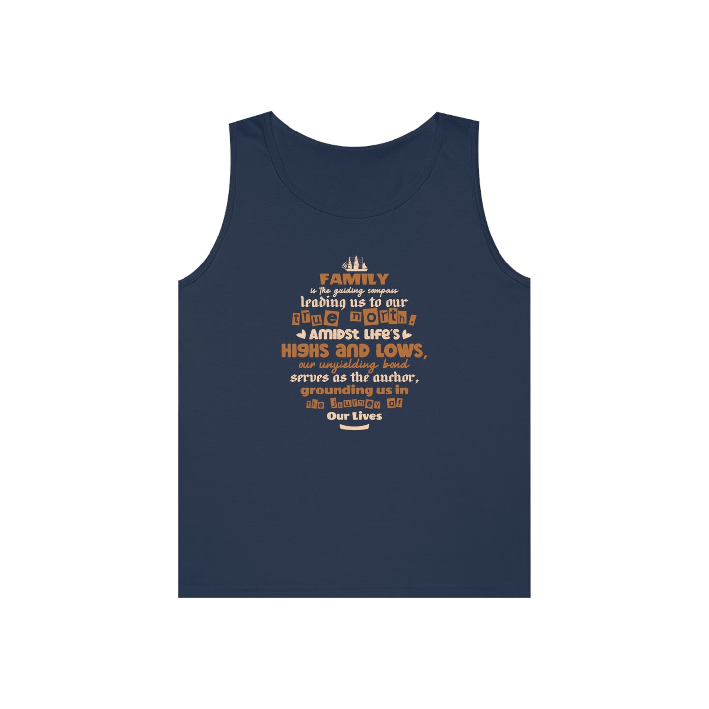 Front view mockup of navy tank top displaying "Family is the guiding compass" quote typography.