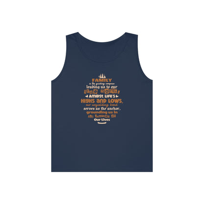 Front view mockup of navy tank top displaying "Family is the guiding compass" quote typography.