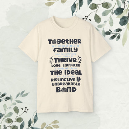 "A collection of mockups showcasing the Thrive Together With Unisex Ultra Cotton Tee in various sizes and colors, accompanied by a typography design inspired by the enduring unity of family."