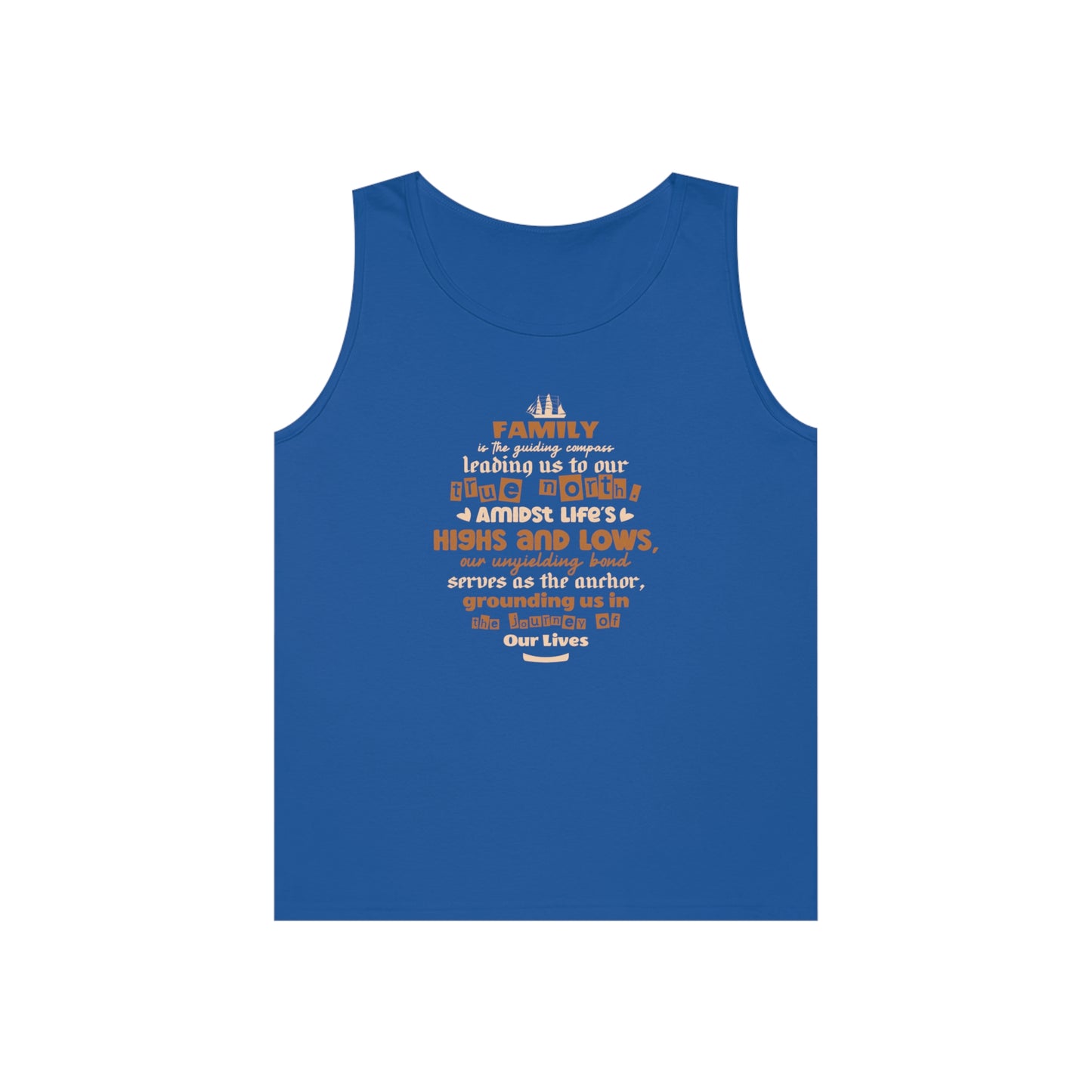 Royal tank top mockup displaying "Family is the guiding compass leading us to our true north" typography.