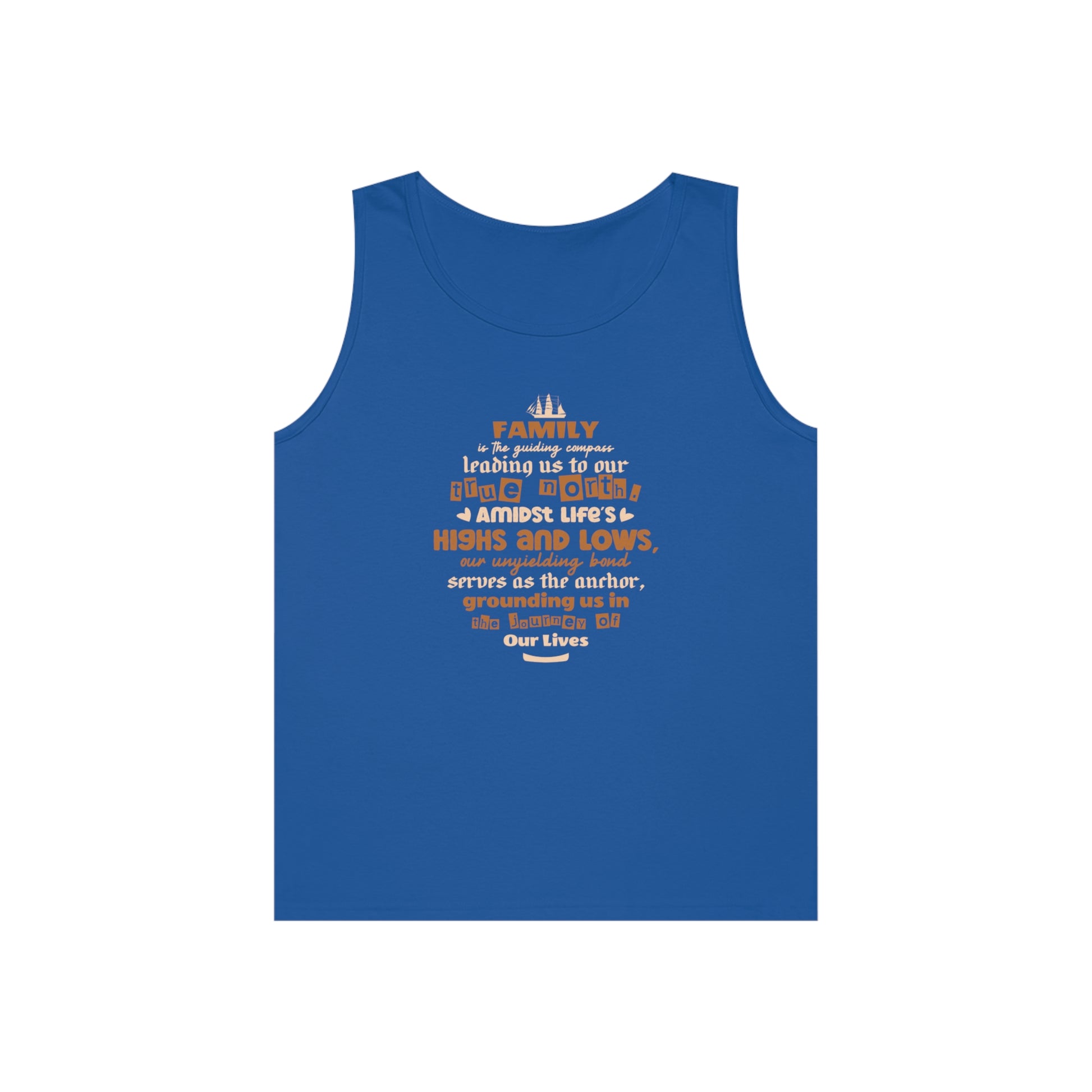 Royal tank top mockup displaying "Family is the guiding compass leading us to our true north" typography.