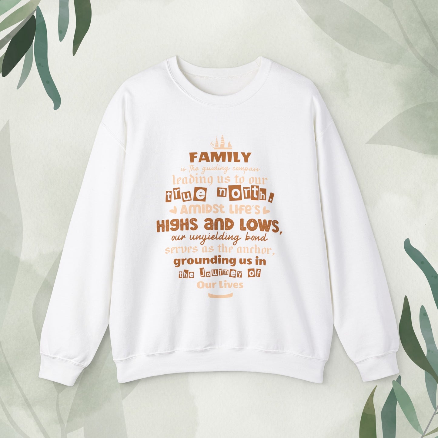 "Witness the Guided by Family - Unisex Heavy Blend™ Crewneck Sweatshirt in a myriad of colors and sizes, each adorned with a typography design reflecting the enduring strength and unity found in family connections."