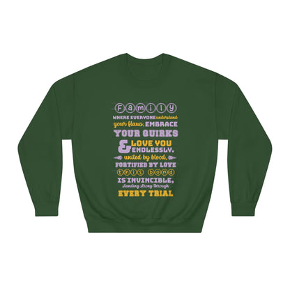 Different Sizes And Typography Design Based On The Quote Related To Family Bonding View of Product Embrace the Bond - Unisex DryBlend® Crewneck Sweatshirt In Forest Green Color