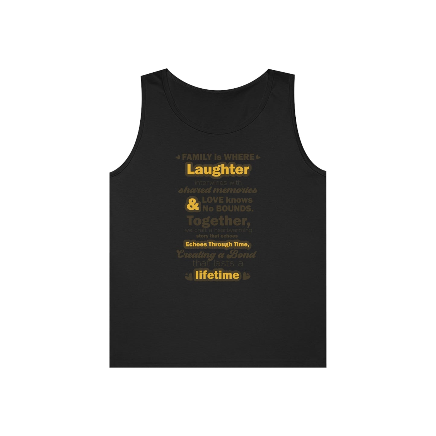 Front view Black mockup of the Eternal Bond - Unisex Heavy Cotton Tank Top featuring a typography design inspired by the quote: 'Family is where laughter intertwines with shared memories, and love knows no bounds. Together, we craft a heartwarming story t