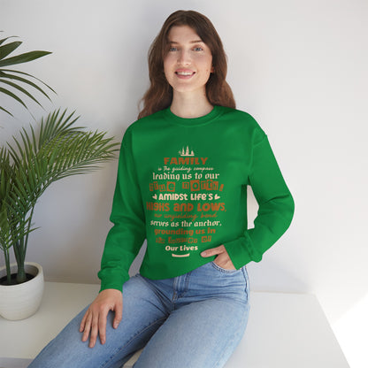 "Witness the Guided by Family - Unisex Heavy Blend™ Crewneck Sweatshirt in a myriad of colors and sizes, each adorned with a typography design reflecting the enduring strength and unity found in family connections."