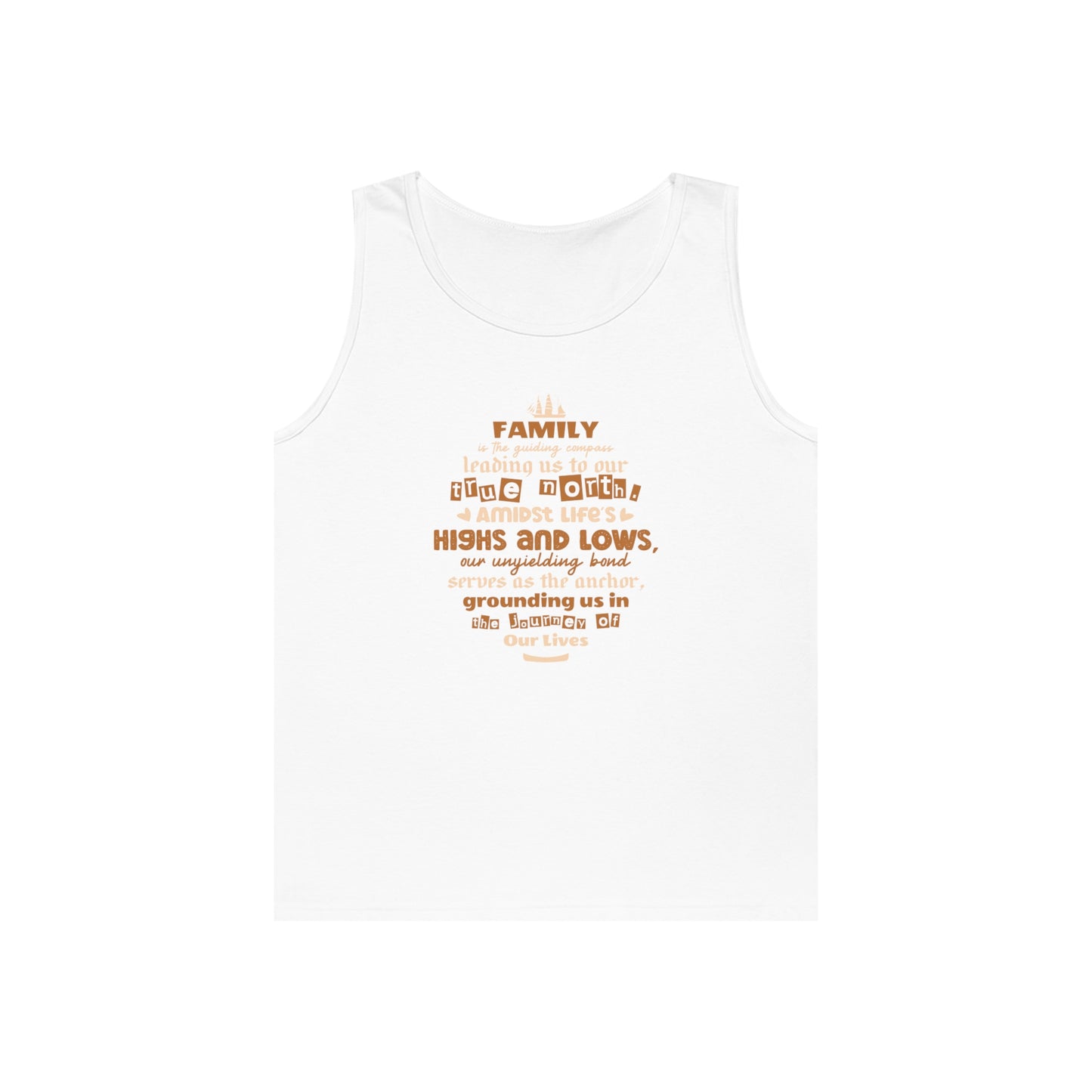 Front view mockup of white tank top featuring typography design: "Family is the guiding compass leading us to our true north.