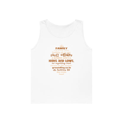 Front view mockup of white tank top featuring typography design: "Family is the guiding compass leading us to our true north.