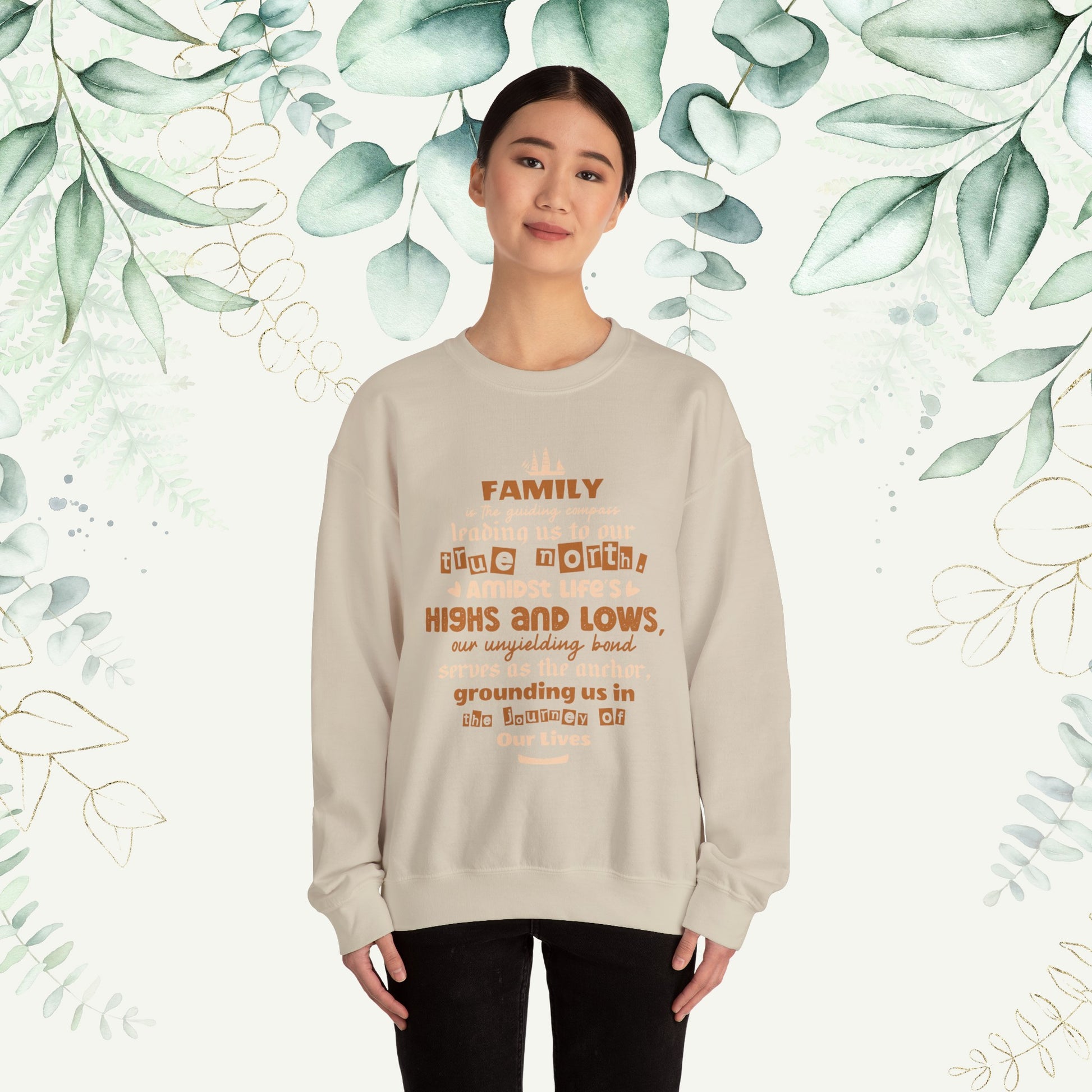 "Witness the Guided by Family - Unisex Heavy Blend™ Crewneck Sweatshirt in a myriad of colors and sizes, each adorned with a typography design reflecting the enduring strength and unity found in family connections."