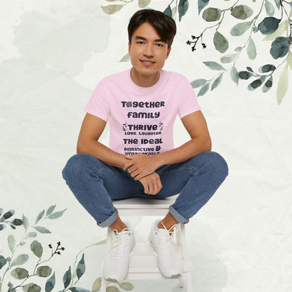 "A collection of mockups showcasing the Thrive Together With Unisex Ultra Cotton Tee in various sizes and colors, accompanied by a typography design inspired by the enduring unity of family."