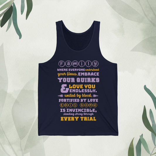 Front view mockup of the "Unconditional Love - Unisex Jersey Tank Top" in navy blue, featuring a typographic design with the quote "Family where everyone understands your flaws, embraces your quirks, and loves you endlessly