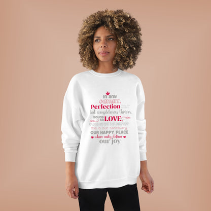 Female model wearing Complete Comfort - Unisex EcoSmart® Crewneck Sweatshirt in White with typography design reflecting the quote 'In Any family, perfection may be absent, but completeness thrives. Bound by love, fueled by laughter – this is our sanctuar