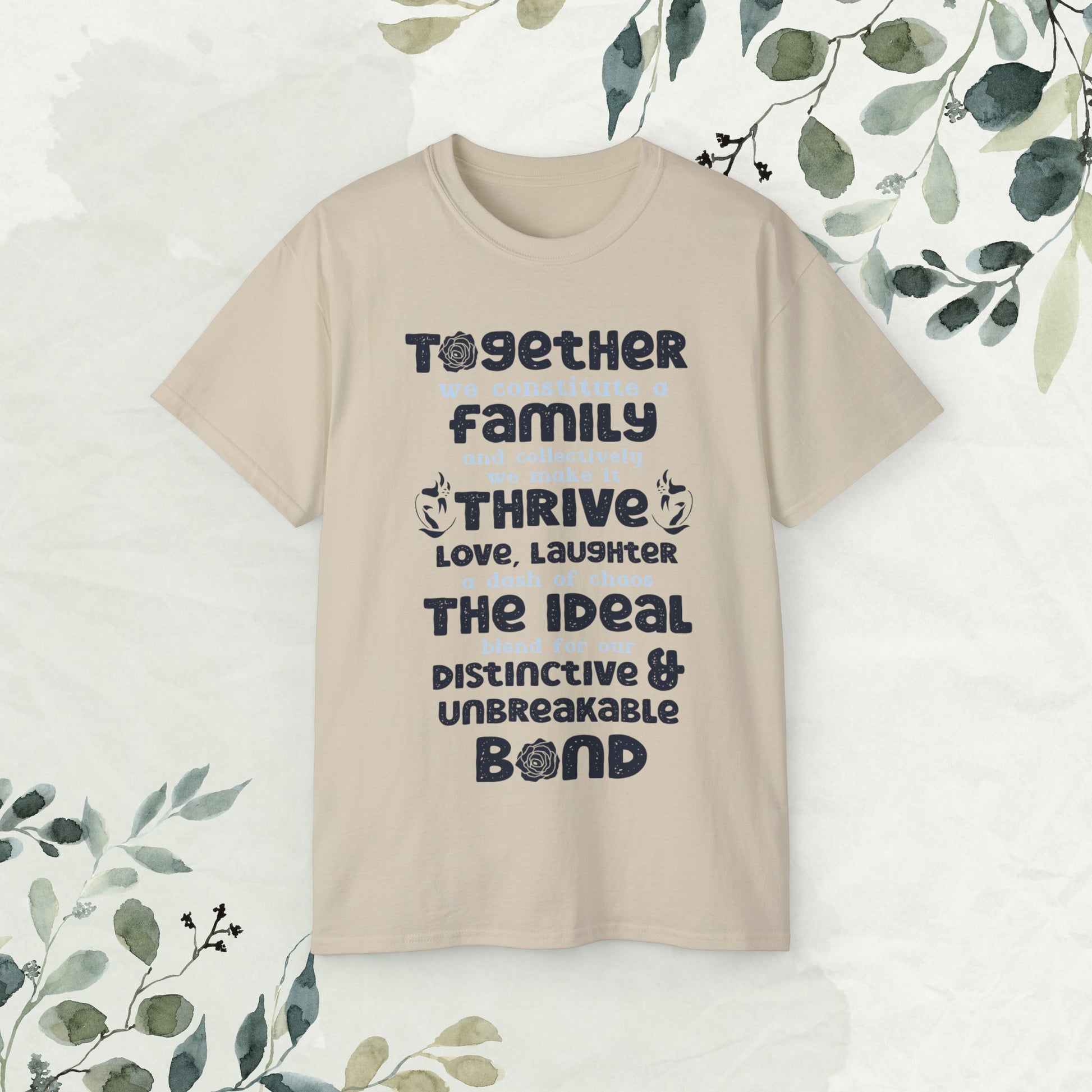 "A collection of mockups showcasing the Thrive Together With Unisex Ultra Cotton Tee in various sizes and colors, accompanied by a typography design inspired by the enduring unity of family."