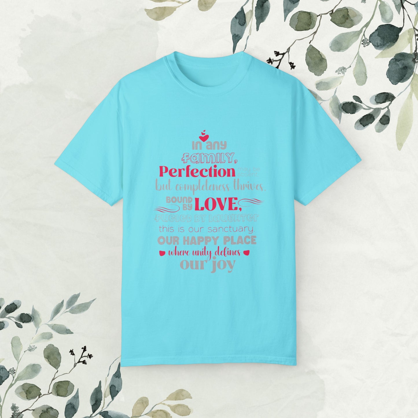 "Diverse mockups presenting the Sanctuary of Unity - Unisex Garment-Dyed T-shirt in various hues and sizes, complemented by a typography design symbolizing the unbreakable bond shared within families."