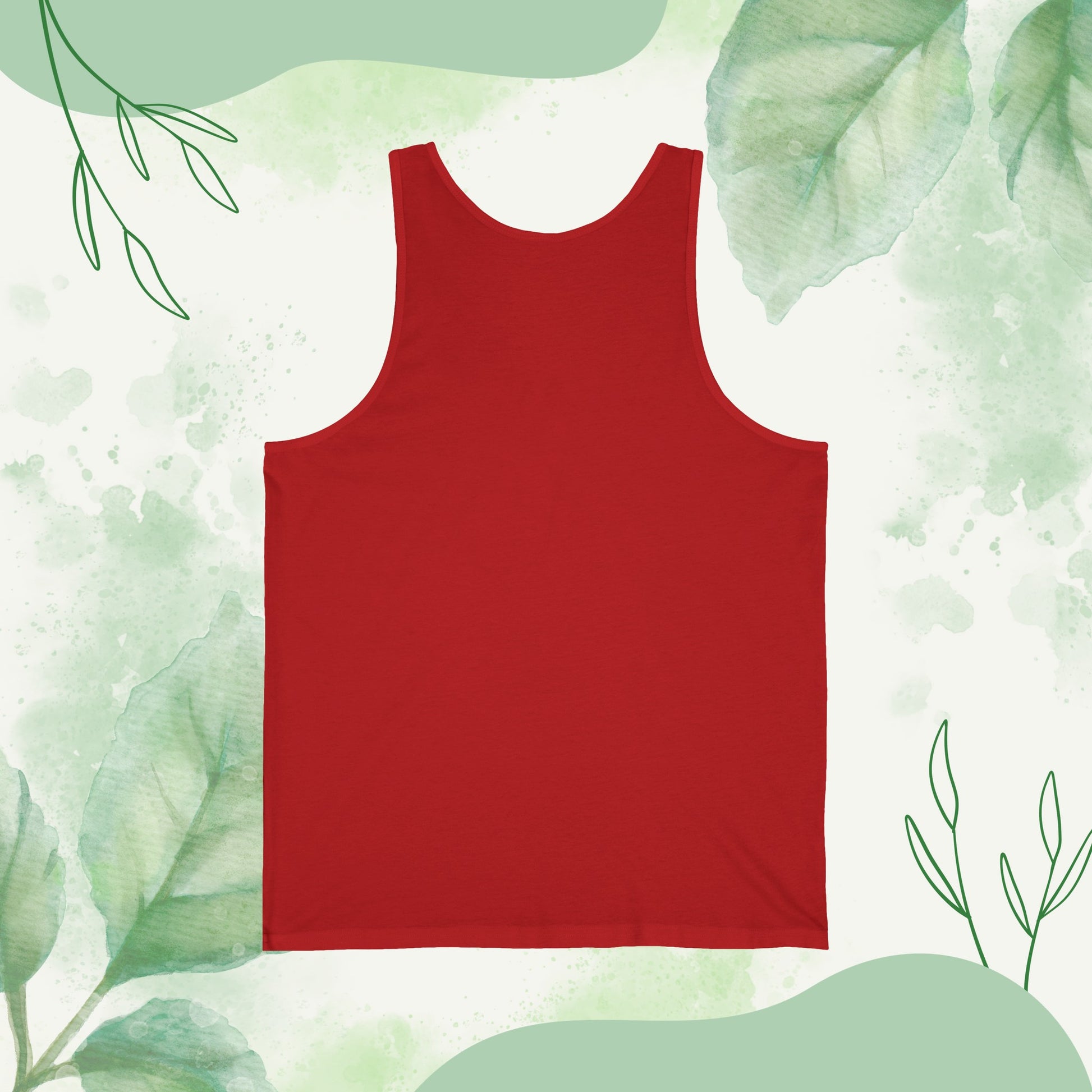 Back view mockup of the "Unconditional Love - Unisex Jersey Tank Top" in red, showcasing a typographic design with the quote "United by blood, fortified by love – this bond is invincible, standing strong through every trial