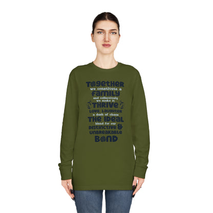 "Explore the versatility of the Thrive Together - Unisex Long Sleeve Crewneck Tee with mockups depicting different colors and sizes, all featuring a heartfelt typography design celebrating the strength of familial love."