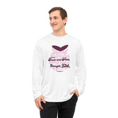 "Multiple mockups showcasing the Unleash Your Strength - Unisex Performance Long Sleeve Shirt in various sizes and colors, each featuring a unique typography design reflecting the essence of family bonding."