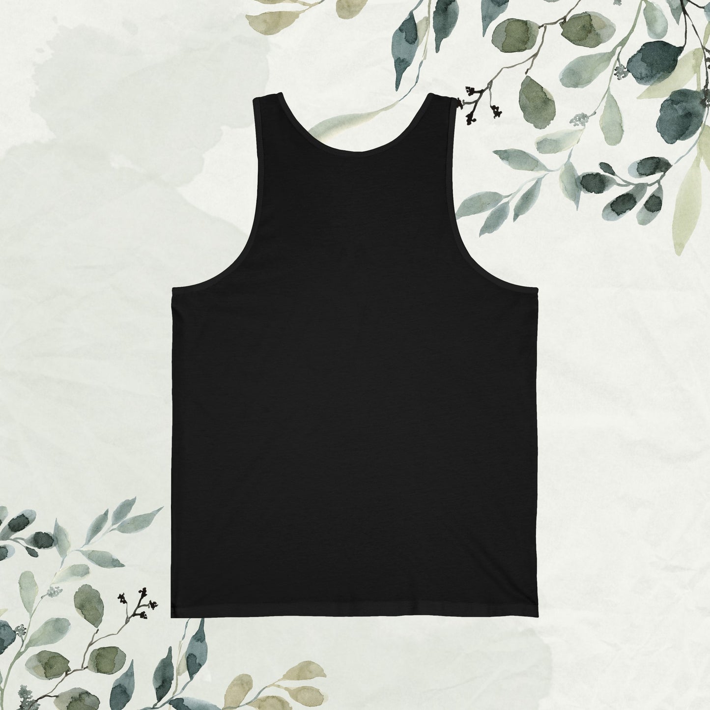 Black And Back View of Unisex Jersey Tank Top with Typography Design: 'In Any family, perfection may be absent, but completeness thrives. Bound by love, fueled by laughter – this is our sanctuary, our happy place where unity defines our joy