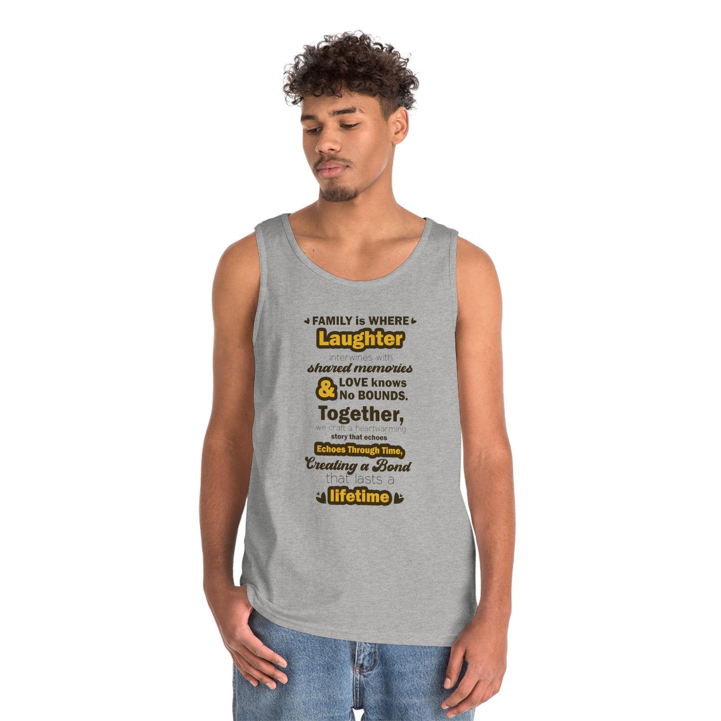 Sport Grey Male View of the Eternal Bond - Unisex Heavy Cotton Tank Top featuring a typography design inspired by the quote: 'Family is where laughter intertwines with shared memories, and love knows no bounds. Together, we craft a heartwarming story that