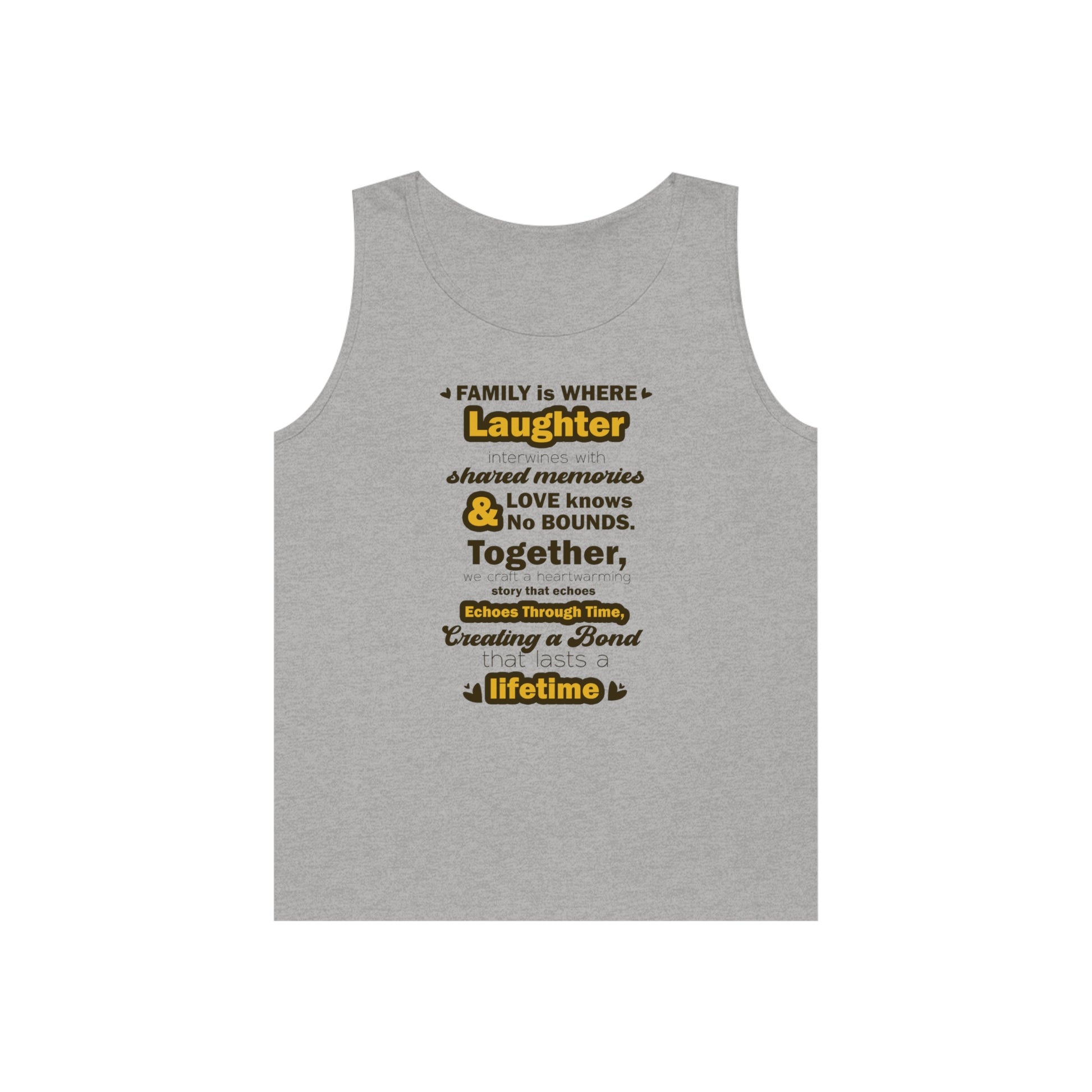 Front view Sport Grey Color mockup of the Eternal Bond - Unisex Heavy Cotton Tank Top featuring a typography design inspired by the quote: 'Family is where laughter intertwines with shared memories, and love knows no bounds. Together, we craft a heartwarm