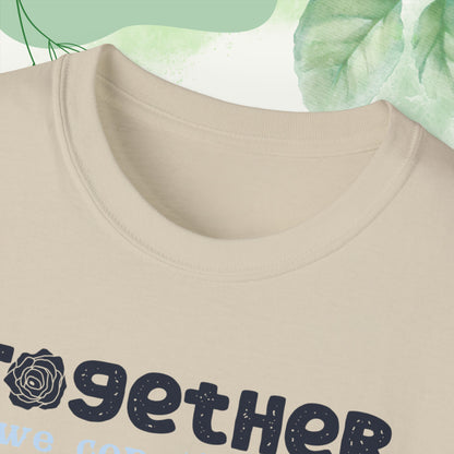 "A collection of mockups showcasing the Thrive Together With Unisex Ultra Cotton Tee in various sizes and colors, accompanied by a typography design inspired by the enduring unity of family."