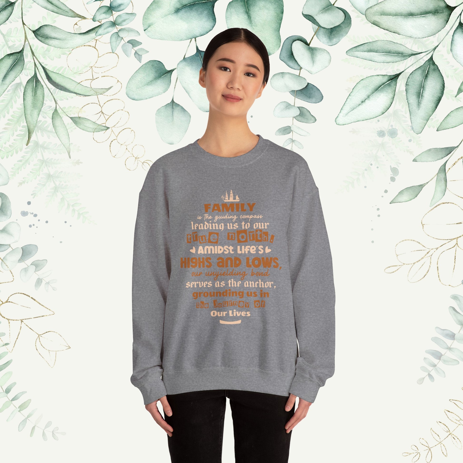 "Witness the Guided by Family - Unisex Heavy Blend™ Crewneck Sweatshirt in a myriad of colors and sizes, each adorned with a typography design reflecting the enduring strength and unity found in family connections."