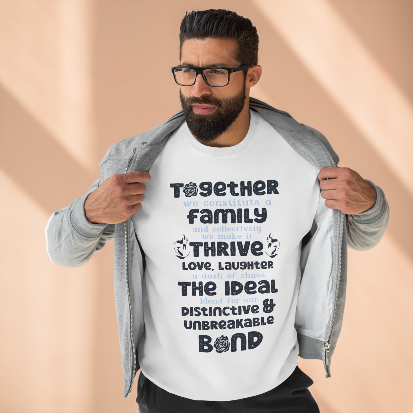 Multiple Sizes And Typography Design Based On The Quote Related To Family Bonding View of Product Comfort and Style - Unisex Crewneck Sweatshirt With White, Heather Grey Charcoal Heather, Oatmeal Heather And Royal Blue Color