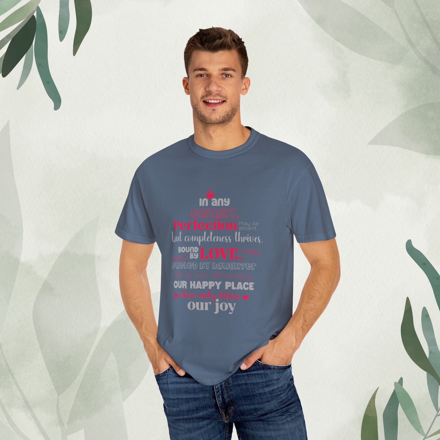 "Diverse mockups presenting the Sanctuary of Unity - Unisex Garment-Dyed T-shirt in various hues and sizes, complemented by a typography design symbolizing the unbreakable bond shared within families."