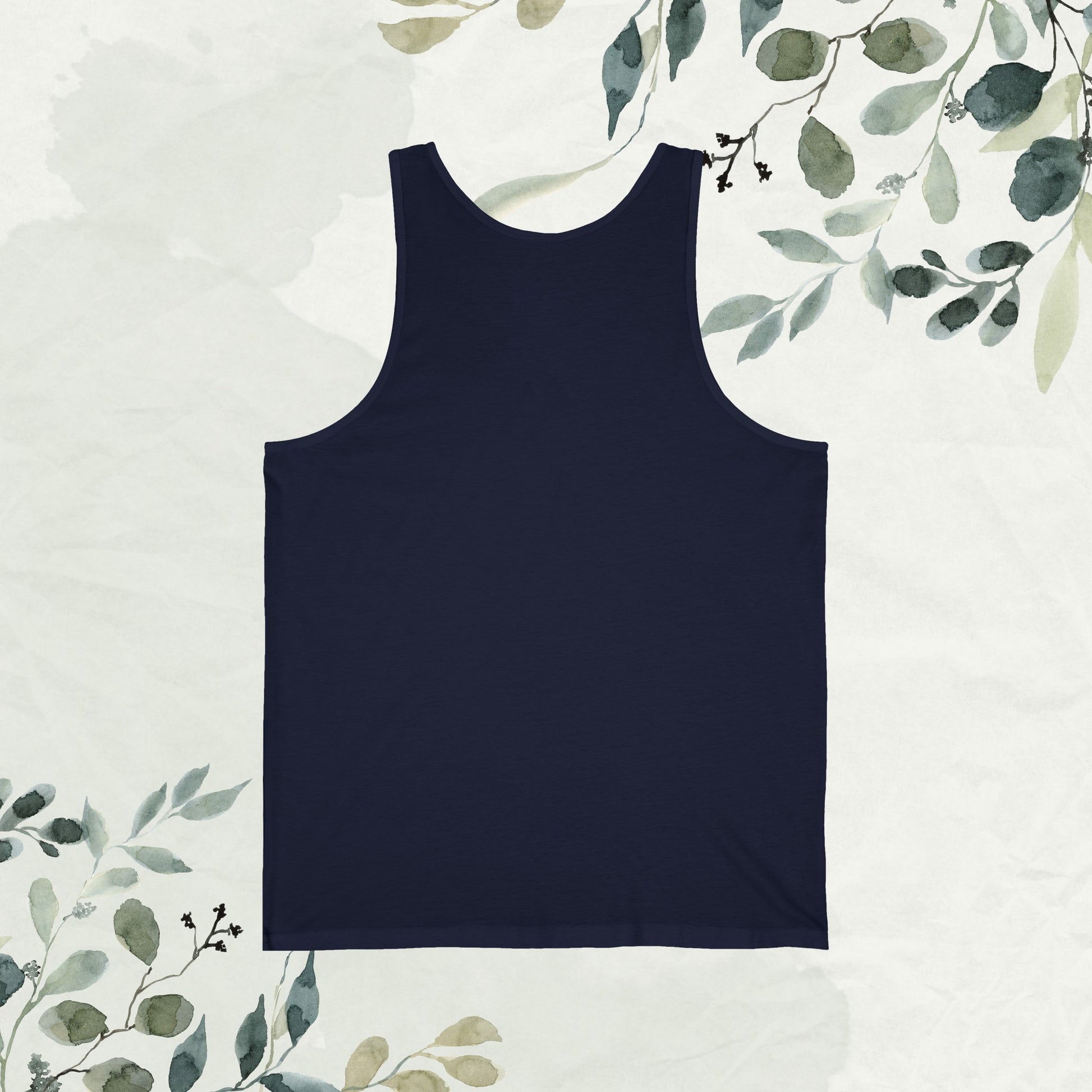 Navy And Back View of Unisex Jersey Tank Top with Typography Design: 'In Any family, perfection may be absent, but completeness thrives. Bound by love, fueled by laughter – this is our sanctuary, our happy place where unity defines our joy