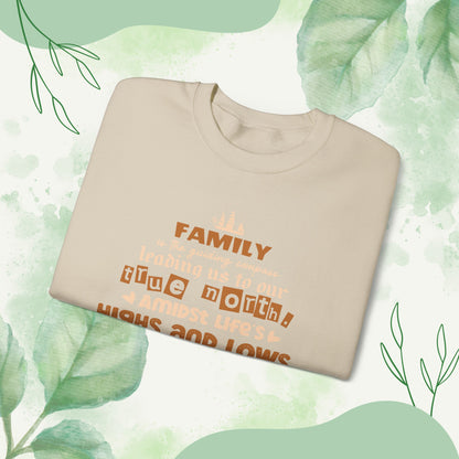 "Witness the Guided by Family - Unisex Heavy Blend™ Crewneck Sweatshirt in a myriad of colors and sizes, each adorned with a typography design reflecting the enduring strength and unity found in family connections."