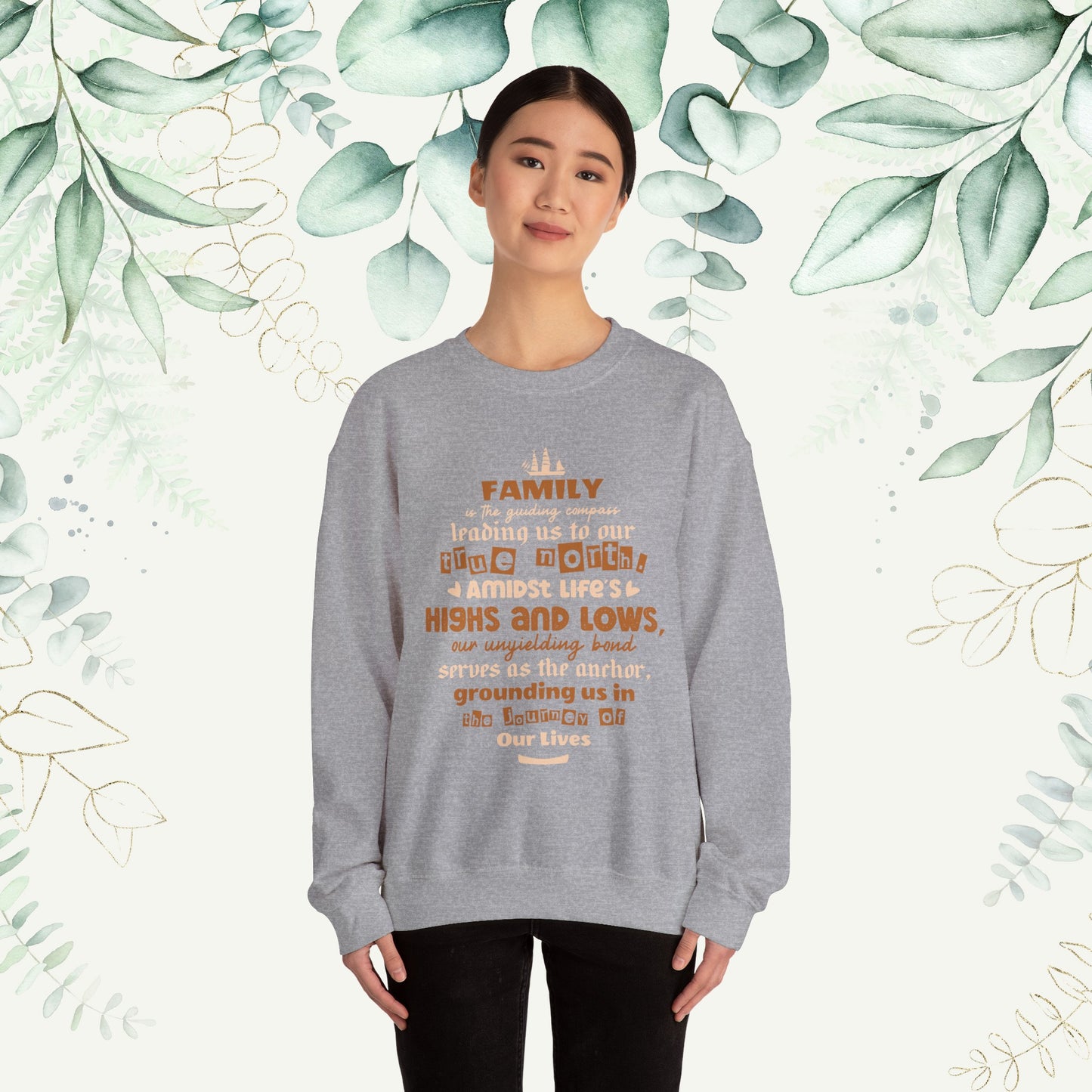 "Witness the Guided by Family - Unisex Heavy Blend™ Crewneck Sweatshirt in a myriad of colors and sizes, each adorned with a typography design reflecting the enduring strength and unity found in family connections."