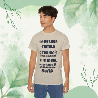 "A collection of mockups showcasing the Thrive Together With Unisex Ultra Cotton Tee in various sizes and colors, accompanied by a typography design inspired by the enduring unity of family."