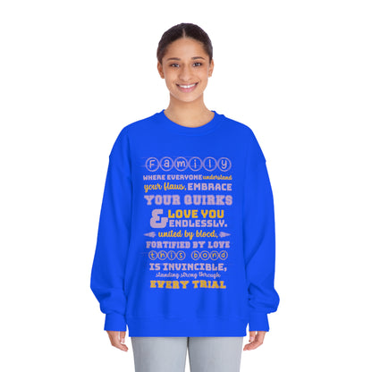 Different Sizes And Typography Design Based On The Quote Related To Family Bonding View of Product Embrace the Bond - Unisex DryBlend® Crewneck Sweatshirt Royal Blue Color