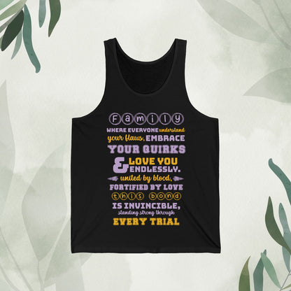 Front view mockup of the "Unconditional Love - Unisex Jersey Tank Top" in Black, displaying a typographic design with the quote "United by blood, fortified by love – this bond is invincible, standing strong through every trial